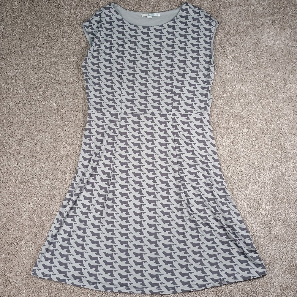 Boden Grey Bird Print Viscose Soft Fit Flare Cap Sleeve Dress Size 14 R